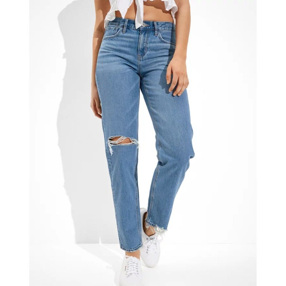 American Eagle Size 4 Long 90s Straight Jeans Distressed Ripped Raw Hem Denim